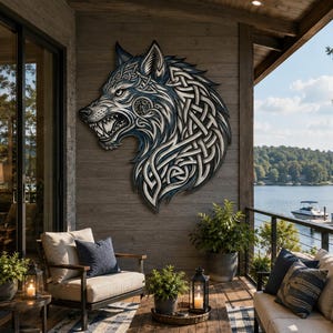 Può includere: Un pezzo d'arte decorativo da parete raffigurante una testa di lupo stilizzata con un intricato motivo a nodi a strati nei toni del blu, bianco e nero, esposto sulla parete esterna in legno di una veranda sul lago.