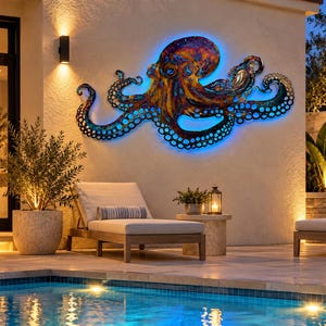 May include: A large, multi-colored metal octopus wall sculpture with a textured, iridescent finish. The sculpture features intricate circular cutouts along its eight sprawling tentacles and is illuminated from behind by a bright blue LED light.