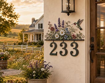 Puede incluir: Una placa de metal para número de casa que muestra los dígitos 233 con un acabado oscuro y texturizado. Sobre los números, un arreglo decorativo presenta lavanda, margaritas blancas y flores azules de metal esculpido con un colibrí.