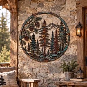 May include: A circular metal wall art piece featuring a forest landscape with pine trees, mountains, and pinecones. The design incorporates a patina finish with shades of copper, bronze, and teal green, enclosed within a circular metal frame.