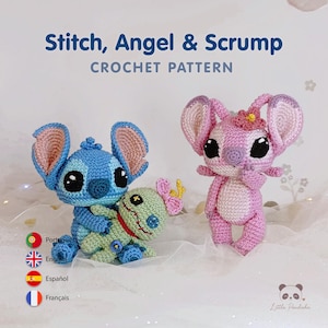 May include: Three amigurumi crochet dolls featuring a blue character with large ears holding a small green doll with stitched features, and a pink character with large ears and a flower on its head. Text reads Stitch, Angel & Scrump CROCHET PATTERN.