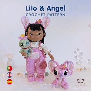 Puede incluir: Un patrón de ganchillo titulado Lilo & Angel que muestra una muñeca con pelo negro, camisa blanca y peto rosa, sosteniendo una muñeca verde. Junto a ella hay una criatura rosa con orejas grandes y una flor. El texto dice Lilo & Angel CROCHET PATTERN.