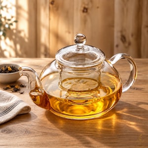 Op de afbeelding: Een doorzichtige glazen theepot met een ronde vorm, een gebogen handvat en een bijpassend deksel met een kleine bolvormige knop. De theepot bevat een uitneembare glazen theezeef met losse theeblaadjes en is gevuld met goudkleurige thee.