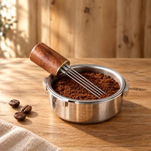 Puede incluir: Una herramienta de distribución de café con mango cilíndrico de madera oscura y finas agujas de metal que descansa dentro de un filtro de acero inoxidable lleno de café molido marrón oscuro, junto a tres granos de café tostados.