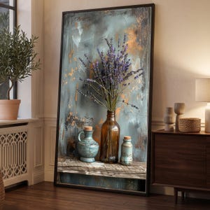 Vintage Lavender Bouquet Amber Bottle Canvas, Rustic Pottery Decor, Farmhouse Wall Art