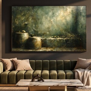 Rustic Barrel Still Life Canvas, Vintage Wall Art, Olive Branch Decor, Antique Kitchen Scene, Home Decor Canvas, Timeless Wall Decoration