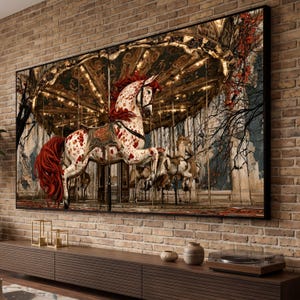 May include: A large rectangular wall art print featuring a carousel with a prominent white horse with red spots and a flowing red mane. The scene includes dark tree branches, glowing lights, and a weathered architectural background in muted tones.