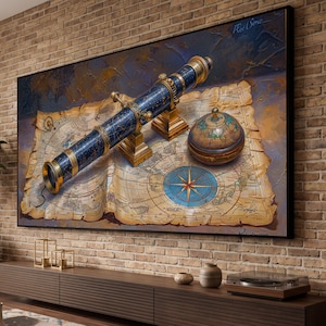 May include: A framed wall art print featuring a dark blue telescope with gold accents resting on an antique map. A small, round, multi-coloured globe sits beside the telescope on the map, which displays a prominent blue compass rose design.