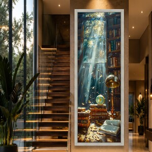 Könnte beinhalten: Ein vertikales gerahmtes Wandbild, das das Innere einer Bibliothek mit einem hohen Fenster, einfallendem Sonnenlicht, Bücherregalen, einer Schreibtischlampe, einem Globus, Stapeln von ledergebundenen Büchern und einem offenen Buch mit goldenen Blättern zeigt.