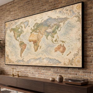 Puede incluir: Una gran pieza de arte mural rectangular que presenta un mapa mundial detallado con una apariencia envejecida similar al pergamino. El mapa muestra los continentes en tonos verdes y marrones sobre un océano azul pálido, enmarcado por un borde negro.