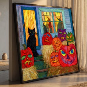 Halloween Night Pumpkin Patch Canvas Wall Art, Spooky Jack-o-Lanterns and Black Cat, Autumn Porch Decoration, Witch Silhouettes Window Scene