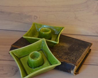 Vintage Mid-Century Green Ceramic Taper Candle Holders, Pair