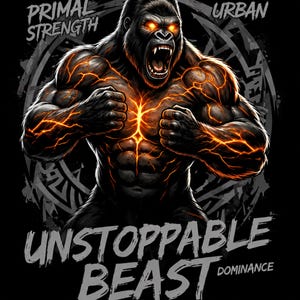 Pode incluir: Uma ilustração gráfica de um gorila preto com olhos laranja brilhantes e veias semelhantes a lava no peito e braços. O texto diz PRIMAL STRENGTH, URBAN, UNSTOPPABLE BEAST e DOMINANCE contra um fundo escuro com um padrão circular.