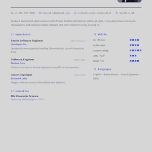 May include: A professional resume for Daniel Kim, a Senior Software Engineer. The document includes contact details, a professional summary, work experience at Cloudspan Inc., Nimbus Data, and Bytework Labs, technical skills, and education.