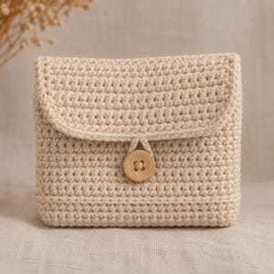 May include: A small, rectangular beige crochet pouch featuring a flap closure secured by a single round, light-colored wooden button with four holes. The pouch is constructed from a dense, uniform stitch pattern in a neutral, light tan yarn.