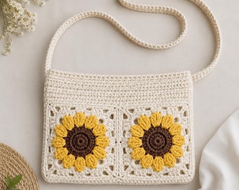 Crochet Sunflower Granny Square Bag Pattern, Beginner Purse Tutorial (PDF Download)