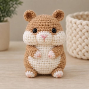 Könnte beinhalten: Ein kleines, rundes, gehäkeltes Hamster-Spielzeug mit hellbraunem Garn an Kopf und Rücken sowie einem cremefarbenen Bauch und Gesicht. Es hat zwei schwarze Kunststoffaugen, eine kleine rosa gestickte Nase und winzige Pfoten mit rosa Akzenten.