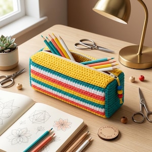 Può includere: Un astuccio rettangolare all'uncinetto con strisce orizzontali gialle, bianche, verde acqua e rosa. L'astuccio ha una chiusura a zip con un piccolo tirante di perline ed è riempito di matite colorate. Un'etichetta in legno con la scritta Handmade with Joy è vicina.