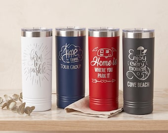 Personalized 22oz Skinny Tumbler, Laser Engraved Travel Cup, BPA-Free Sliding Lid