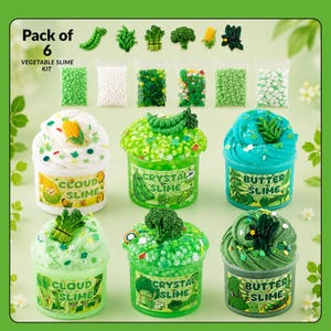 May include: A vegetable slime kit containing six clear plastic containers filled with green and white slime, topped with miniature vegetable charms. The set includes six small bags of beads and six vegetable-themed labels reading Cloud, Crystal, and Butter Slime.