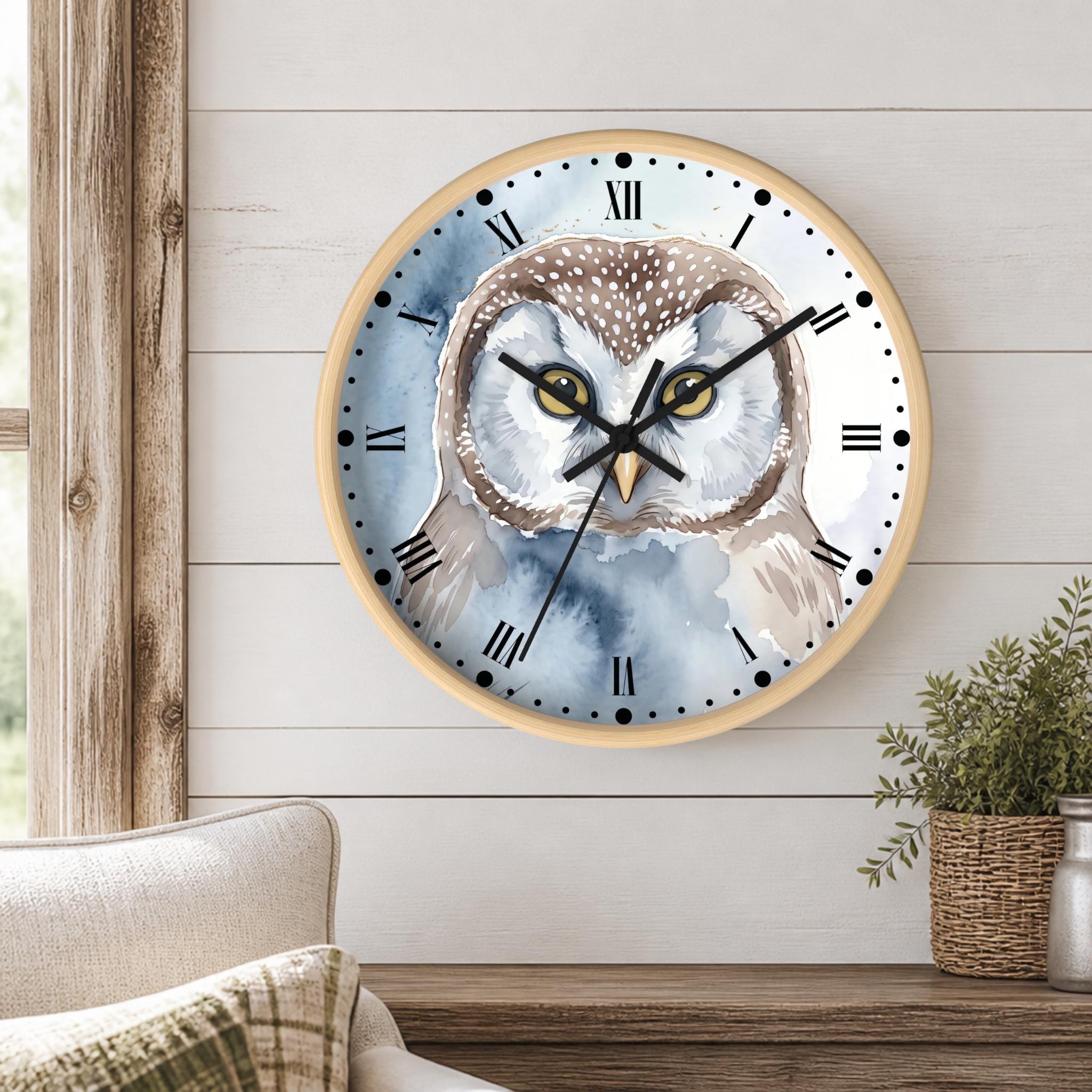 Winter Owl Watercolor Wall Clock with Roman Numerals | Rustic Wildlife Bird Decor