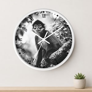 May include: A round wall clock with a white frame featuring a black and white photograph of a spider monkey perched on a tree branch. The clock face displays black Roman numerals for the hour markers and includes white hour, minute, and second hands.