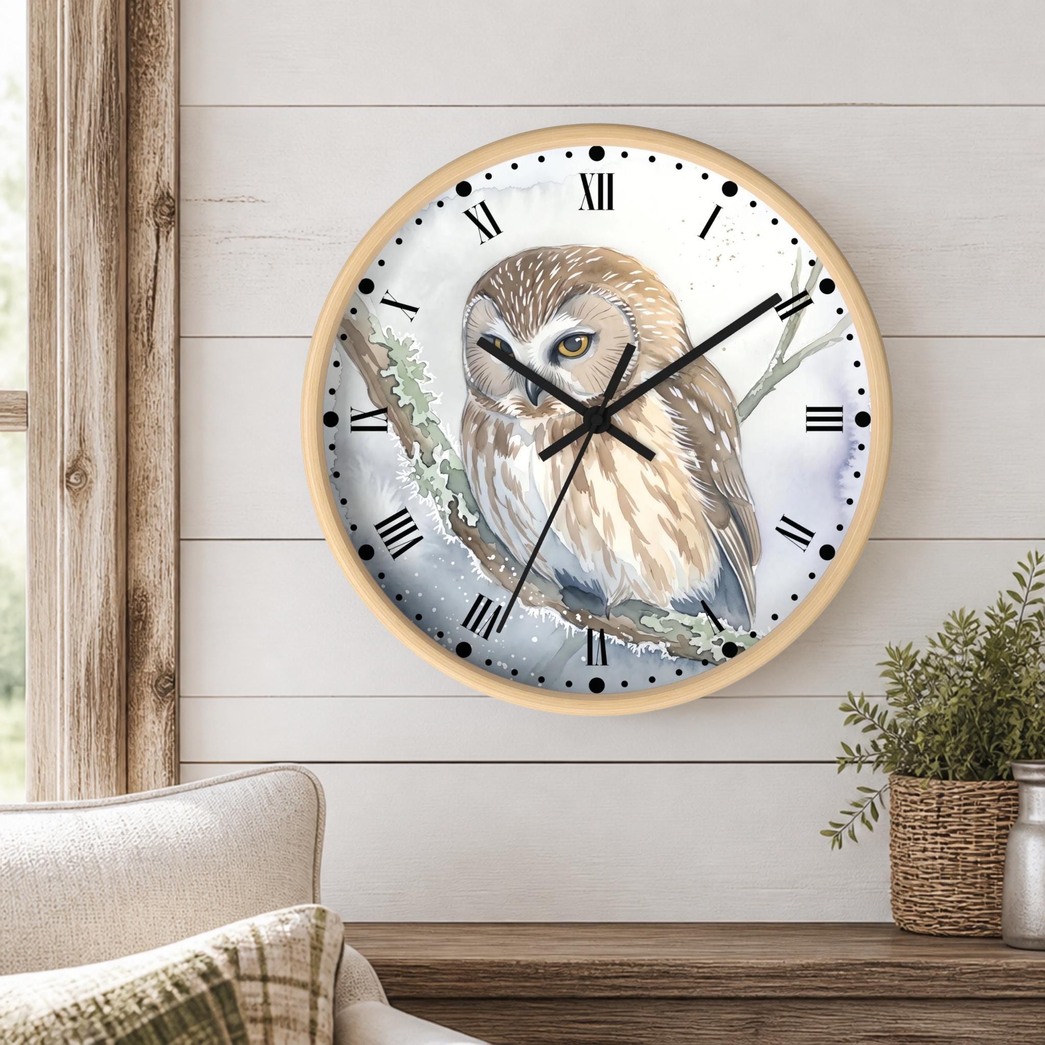 Watercolor Owl Wall Clock | Winter Woodland Bird Lover Decor