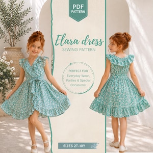 Puede incluir: Un patrón de costura en PDF para el vestido Elara, con un estampado floral azul verdoso, dobladillo con volantes, mangas con volantes y corpiño cruzado. El texto dice: PDF PATTERN, Elara dress, SEWING PATTERN, PERFECT FOR Everyday Wear, Parties & Special Occasions!, SIZES 2T-10Y.