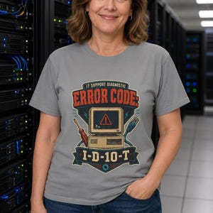 May include: A grey t-shirt featuring a graphic print of a vintage computer monitor with a red warning triangle, a screwdriver, and an ethernet cable. The text reads IT SUPPORT DIAGNOSTIC ERROR CODE: I-D-10-T in red and blue lettering.