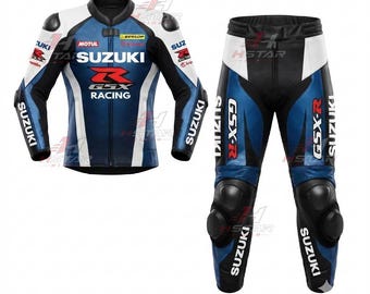 Maßgeschneiderter zweiteiliger Motorrad-Lederkombi für Suzuki GSX-R – Blaues, weißes und schwarzes Sportmotorrad-Set aus Jacke und Hose