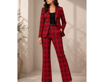 Elegantes zweiteiliges Büro-Outfit: Roter karierter Blazer und Hose für Damen