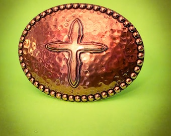 Handcrafted Hammered Copper Belt Buckle with Cross Design – Rustic Western Artisan Metalwork