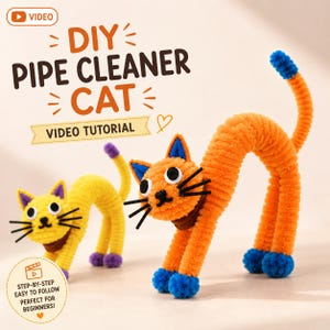 May include: Two cats crafted from orange and yellow pipe cleaners. The orange cat has blue paws and ear tips, while the yellow cat has purple paws and ear tips. Both feature googly eyes, black whiskers, and brown collars. Text reads DIY PIPE CLEANER CAT.