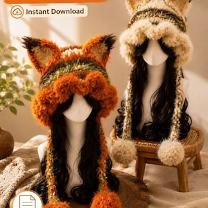 May include: Two fuzzy animal-ear hats with long braided tassels and pom-poms. One hat is orange and brown, the other is beige and brown. Text reads: PDF PATTERN, Instant Download, and a PDF icon. These are displayed on two mannequin heads.