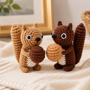 May include: Two crocheted squirrel figurines, one in light brown and one in dark brown, each featuring a white chest patch, black safety eyes, and a bushy tail. The light brown squirrel holds a dark brown acorn, while the dark brown squirrel holds a light tan acorn.