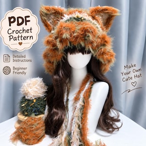 May include: A fuzzy, orange and green animal-ear hat with long side tassels, displayed on a mannequin. Text reads: PDF Crochet Pattern, Detailed Instructions, Beginner Friendly, and Make Your Own Cute Hat. Includes yarn balls.