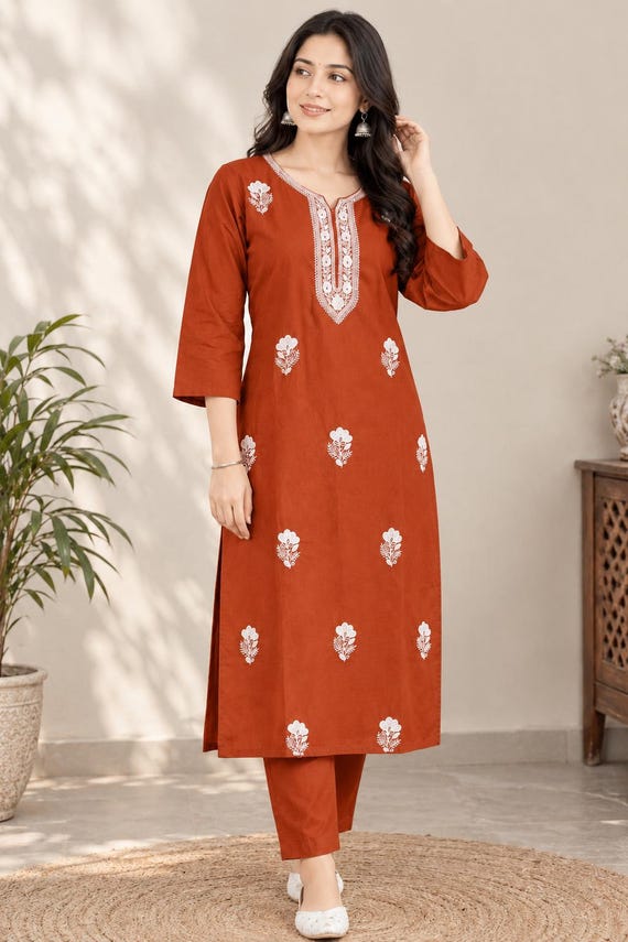 Rust Cotton Embroidered Kurti with Pant Set for Women, Ethnic Tunic Set, Floral Embroidery Kurta, Indian Cotton Co-Ord Set