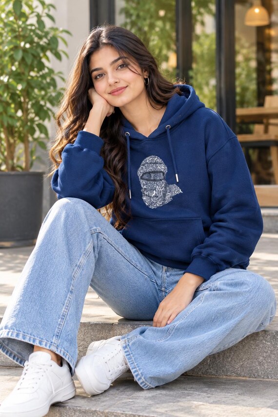 Women's Navy Blue Fleece Hoodie, Printed Winter Sweatshirt, Casual Pullover Jacket, Cozy Streetwear, Relaxed Fit Hooded Top