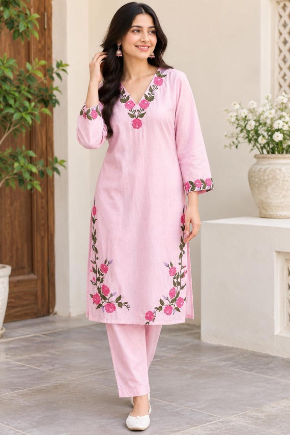 Women's Pink Cotton Embroidered Tunic with Pants Set, Floral Embroidered Kurta Pant Set, V Neck Long Tunic, Ethnic Co-Ord Outfit
