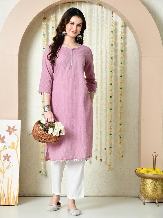 Handmade Pink Cotton Kurti for Women | Casual Ethnic Wear | 3/4 Sleeve Solid Tunics for Everyday & Office Wear | Indian Ethnic Kurti Only