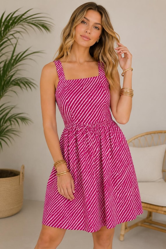 100% Cotton Pink Stripe Square Neck Midi Dress – Sleeveless Summer Tunic