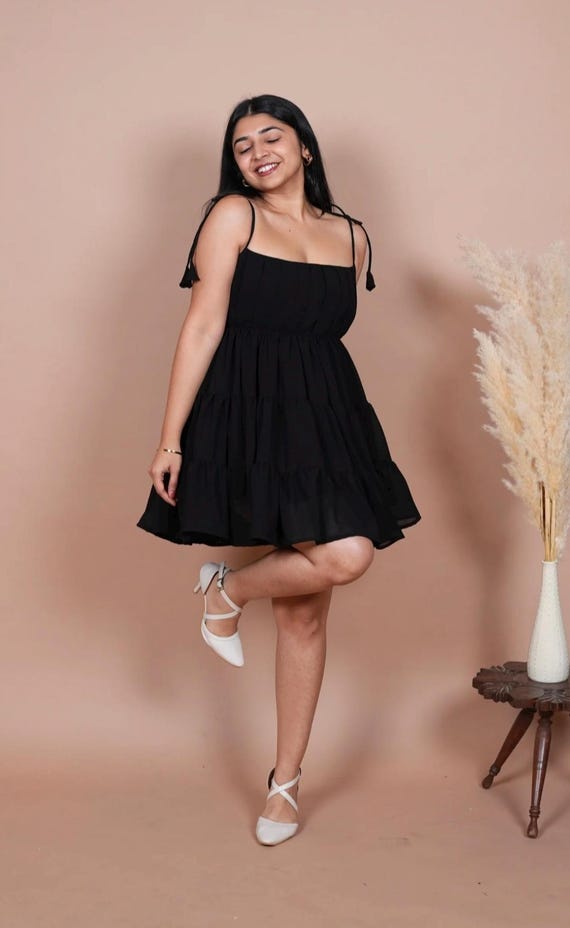 Black Cotton Tiered Midi Dress – Tie-Shoulder Straps, Summer Sundress