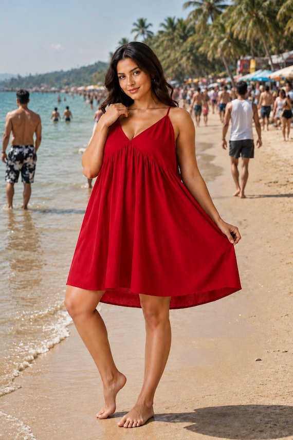 Women’s Red Short Tunic Dress – Sleeveless Summer Beach Dress, Casual Vacation Mini Dress, Flowy Boho Sundress