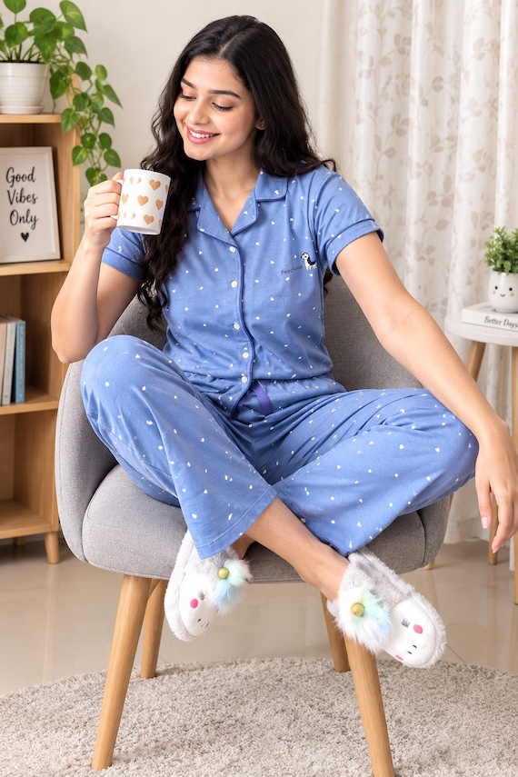 Women’s Cotton Pajama Set, Blue Polka Dot Lounge Set, Button Down Short Sleeve Top and Wide Leg Pants, Matching Sleepwear