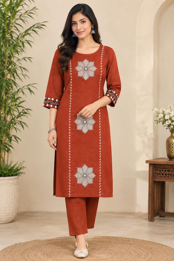 Embroidered Rust Cotton Kurta Set, Floral Tunic with Pants, Ethnic Indian Wear