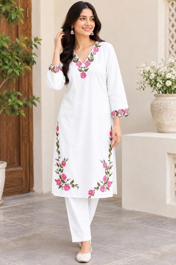 Women's White Cotton Embroidered Tunic with Pants Set, Floral Embroidered Kurta Pant Set, V Neck Long Tunic, Indian Ethnic Co Ord Outfit