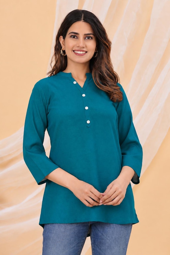 Teal Blue Cotton Tunic Top for Women, Casual Cotton Dress, V Neck Button Front Blouse, Comfortable Everyday Women's Top, Minimalist Outfit