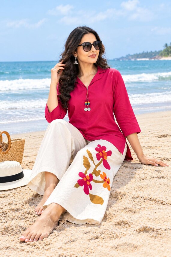 Women’s Pink Cotton Kurti Palazzo Set, Floral Printed Pants Co Ord Set, Indian Ethnic Wear, Boho Summer Outfit, Casual Two Piece Suit