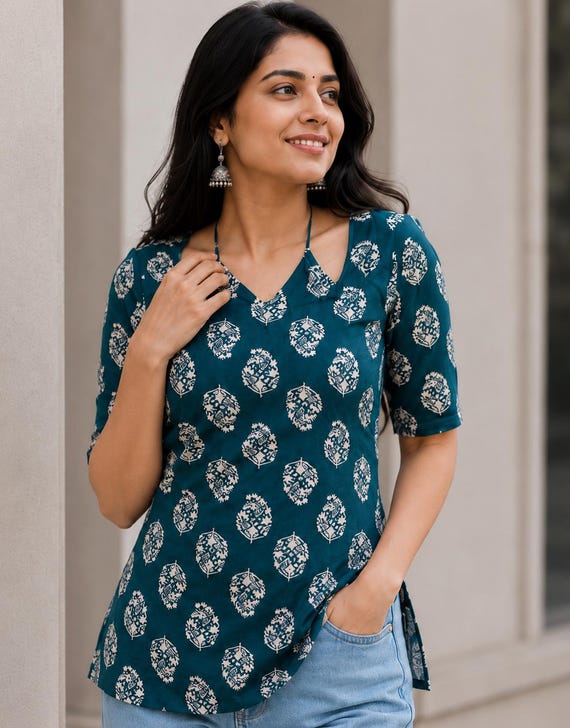 Teal Blue Floral Block Print Rayon Kurti | Indian Boho Ethnic Tunic Top