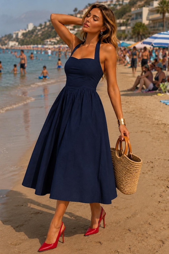 Women’s Navy Blue Cotton Midi Tunic Dress – Sleeveless Halter Neck A-Line Summer Dress, Casual Beach Vacation Outfit